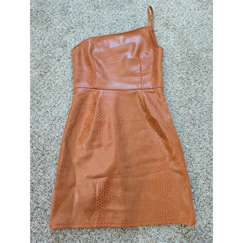 Urban Outfitters Cognac Orange Snakeskin‎ Faux Leather One Shoulder Mini Dress S